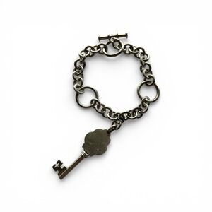 Heavy Silver Tone Key Charm Chain Bracelet Toggle Clasp 37g Vintage‎ Statement